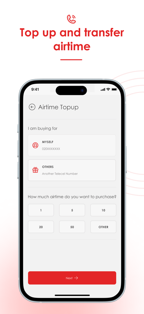 Telecel Play (Ghana) - Telecel Play app interface for topping up and transferring airtime for yourself or others