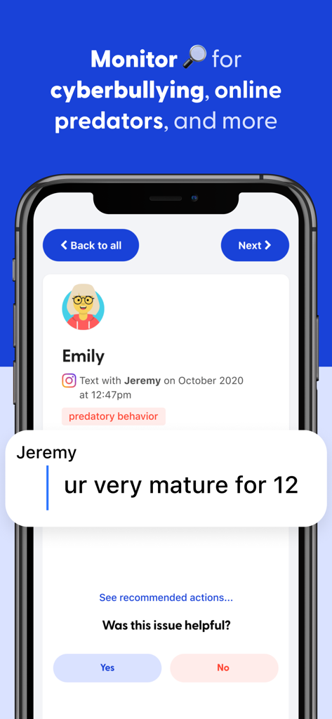 A screenshot of the Bark app showing an alert for predatory behavior in an Instagram message to a child