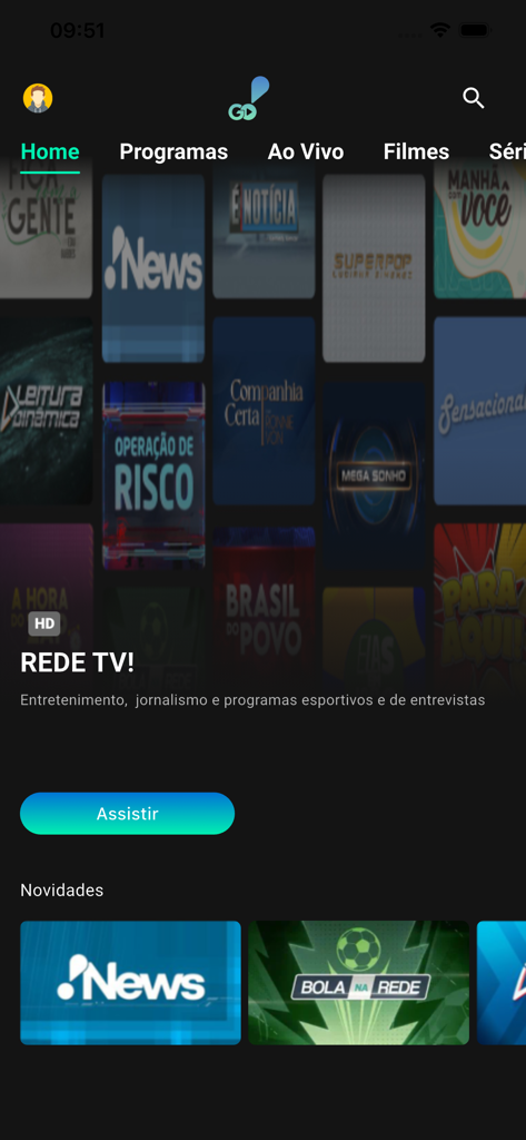 RedeTV GO - Home screen of the RedeTV GO app featuring Brazilian entertainment news and sports programs