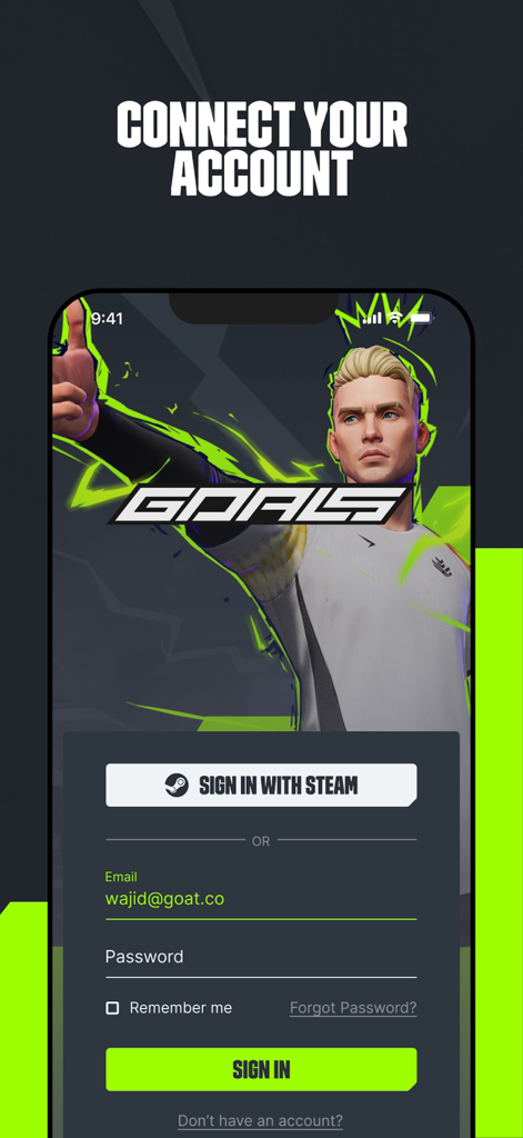 Login screen for the GOALS Companion app featuring options to sign in with Steam or an email account.