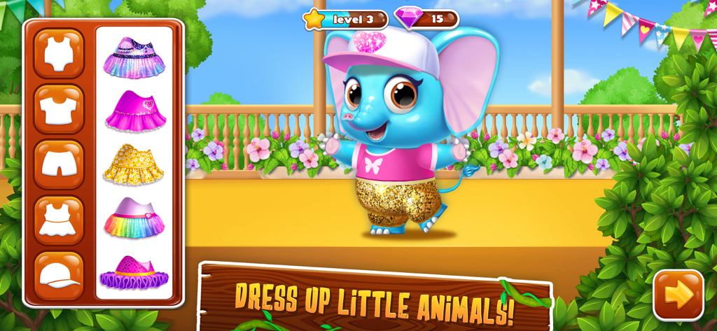 Panda Lu Treehouse - A cute blue elephant character named Beibei being dressed up in colorful skirts and a pink cap