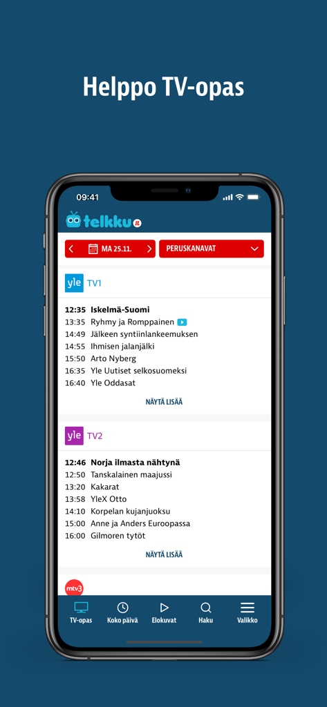 Telkku - TV-opas - Telkku TV guide mobile application showing Finnish television program schedules for Yle channels