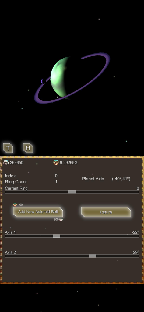 Evolution Planet - 14 Billion - Customization menu for a planet's rings and axis in Evolution Planet.