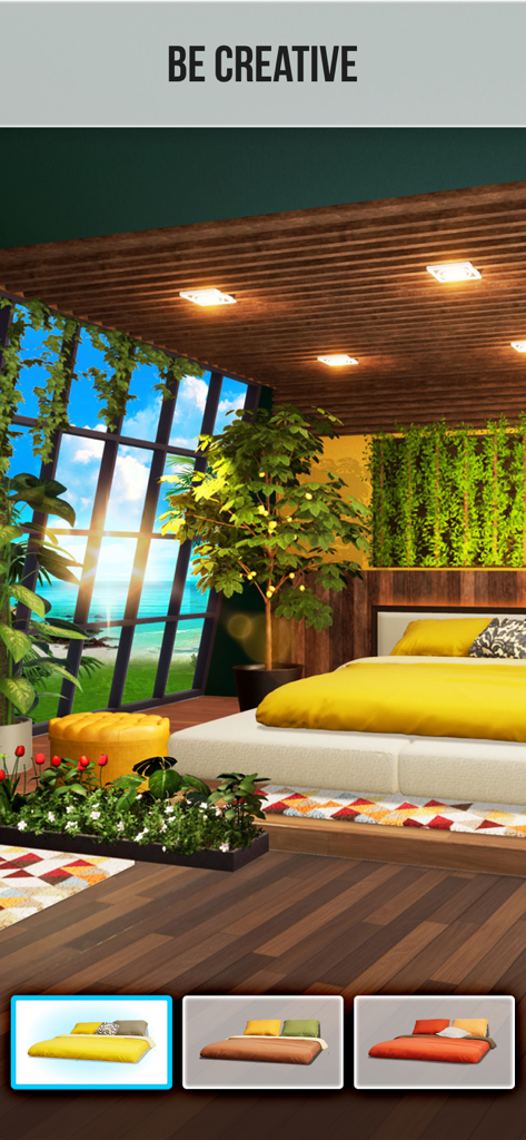 Home Design : Paradise Life - Bedroom design with yellow bed and tropical beach view in Home Design Paradise Life app