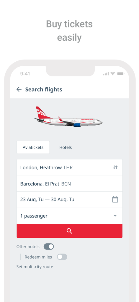 Georgian Airways - Air tickets - Georgian Airways App-Oberfläche für die Suche und Buchung von Flugtickets