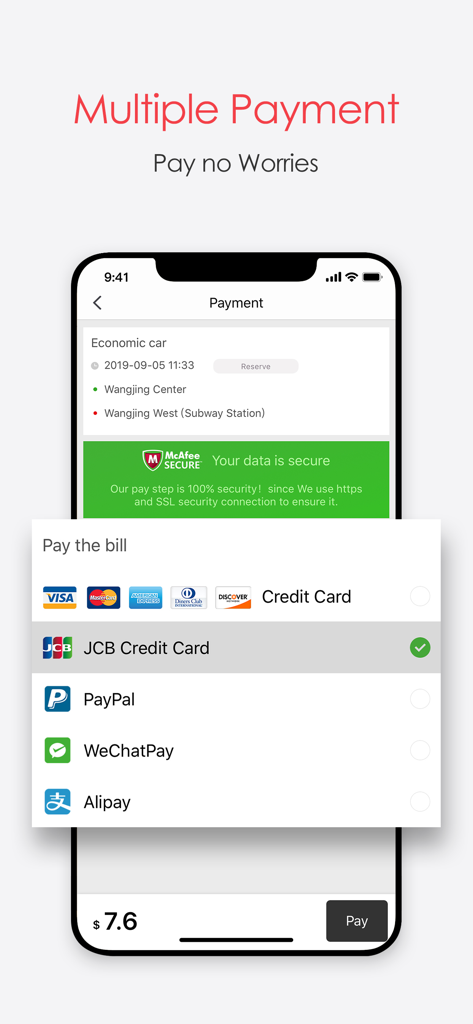 My China Taxi - China Taxi App - Interface do aplicativo My China Taxi mostrando múltiplos métodos de pagamento seguros, incluindo cartões de crédito, PayPal, WeChatPay e Alipay.