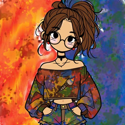 girl with a messy ponytail glasses a baggy crop top and jean shorts