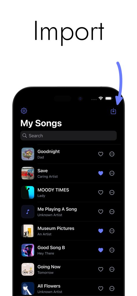 My Own Music - The My Own Music app interface showing a list of imported songs and the import feature button.