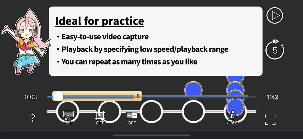 La interfaz de práctica de la aplicación Sound Game Training que muestra una tabla de juego de ritmo con controles de velocidad de reproducción y rango.
