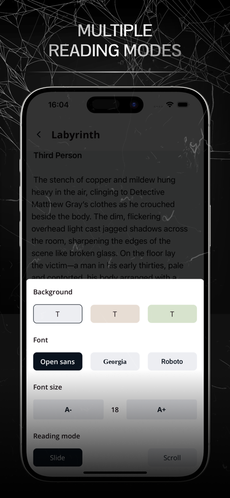 Horror Stories Library - Interface de personalização de leitura para o aplicativo Biblioteca de Histórias de Terror mostrando opções de plano de fundo, fonte e tamanho da fonte.