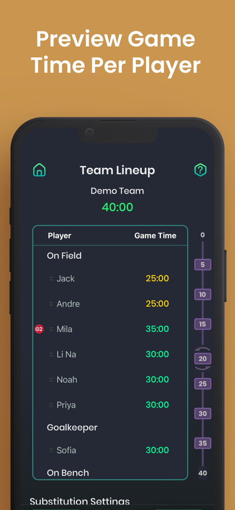 SubNow: Player Rotation Timer - A screenshot of the SubNow app showing a team lineup and individual game time calculations for players.