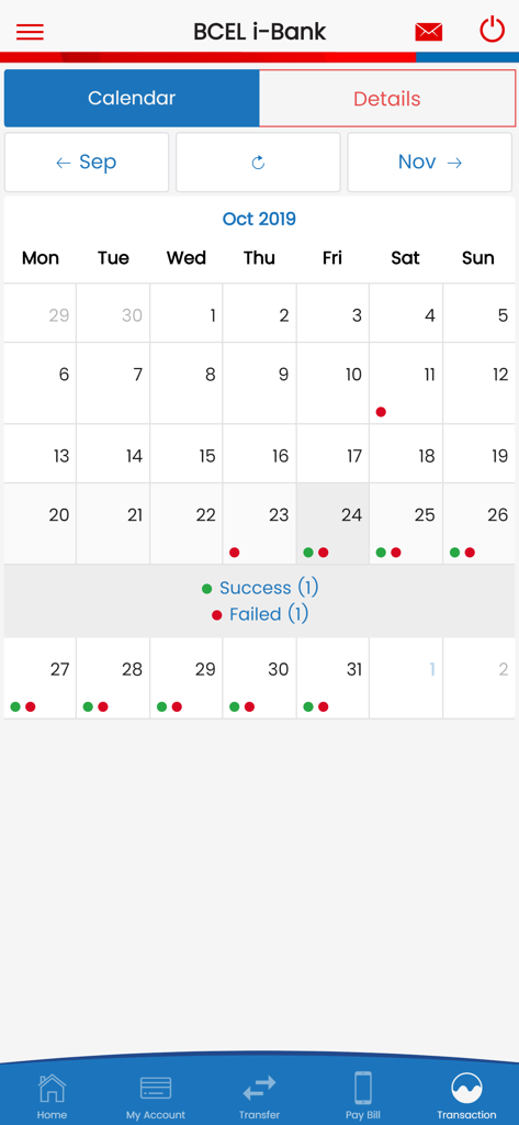 Transaction history calendar view in the BCEL i-Bank mobile application showing success and failure statuses for different dates.