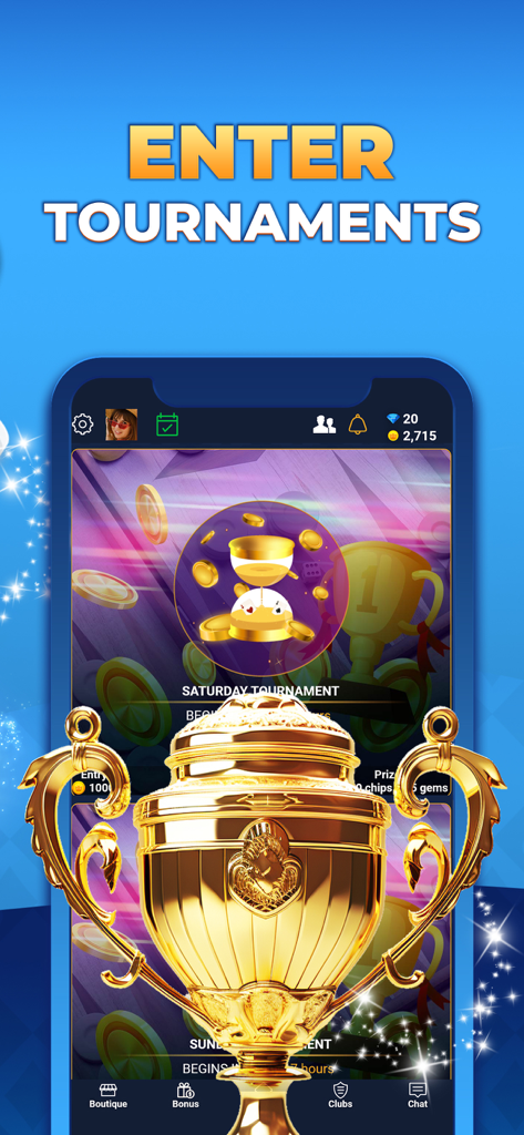 VIP Games: Card & Board Online - Pantalla móvil de la aplicación VIP Games mostrando la función 'Participar en Torneos' con un gran trofeo dorado