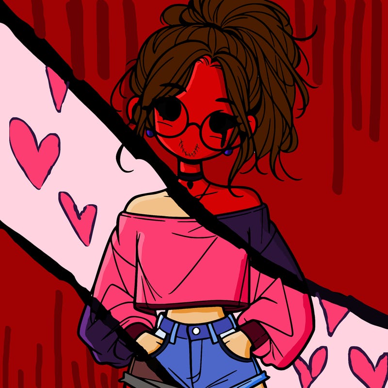 girl with a messy ponytail glasses a baggy crop top and jean shorts