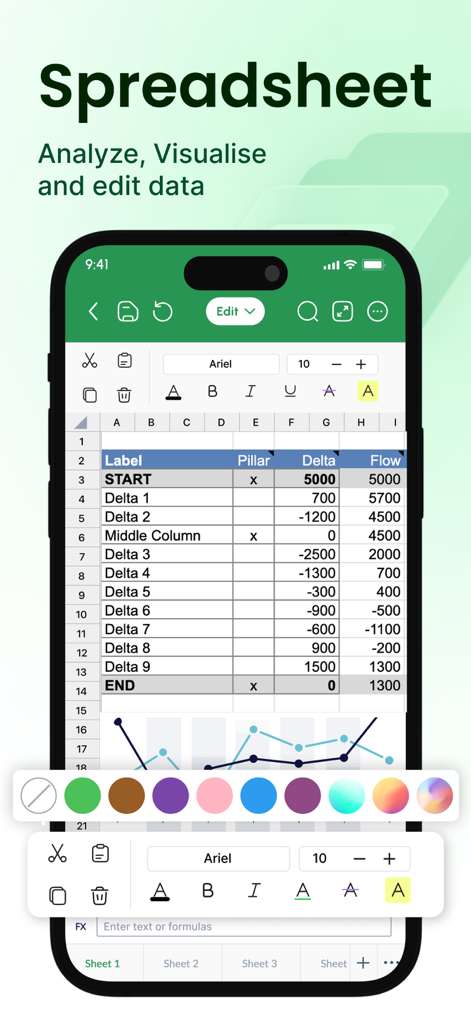 XLSX Sheets app interface showing a spreadsheet and chart on a mobile device