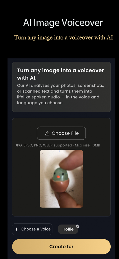 Interface of the EchoVoice app showing the AI Image Voiceover feature with image upload and voice selection options
