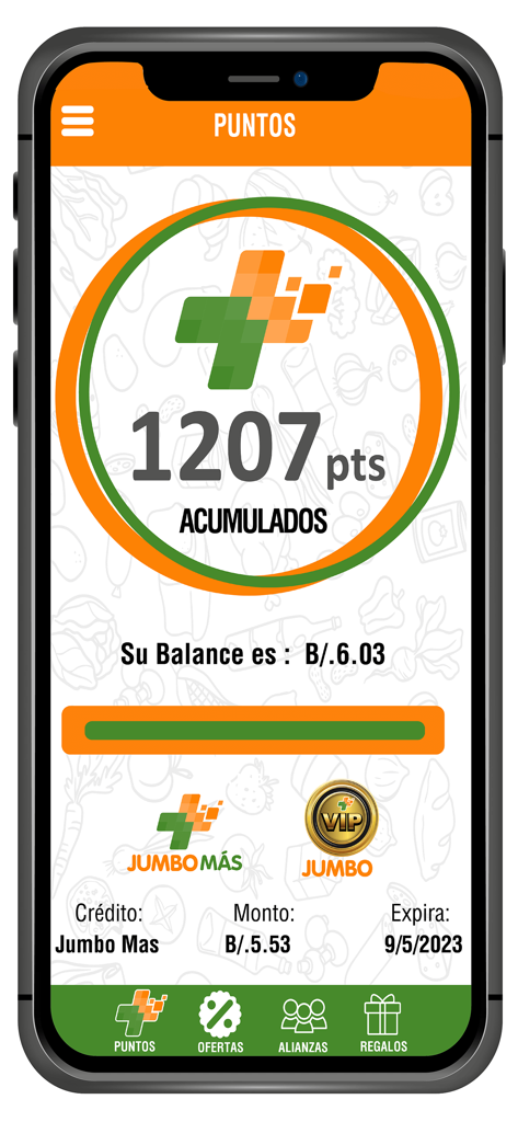 Mobile screen of Jumbo plus app showing 1207 accumulated points and membership details