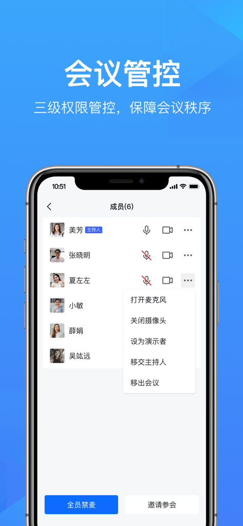WPS Meeting app interface displaying meeting management and participant control options on an iPhone.
