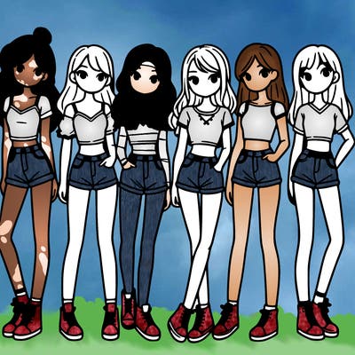 a group of girls wearing crop tops and shorts