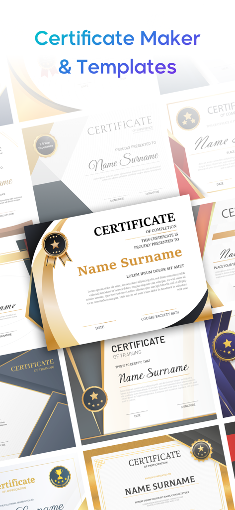 Certificate Maker - eCards - A display of various professional certificate templates for completion training and participation