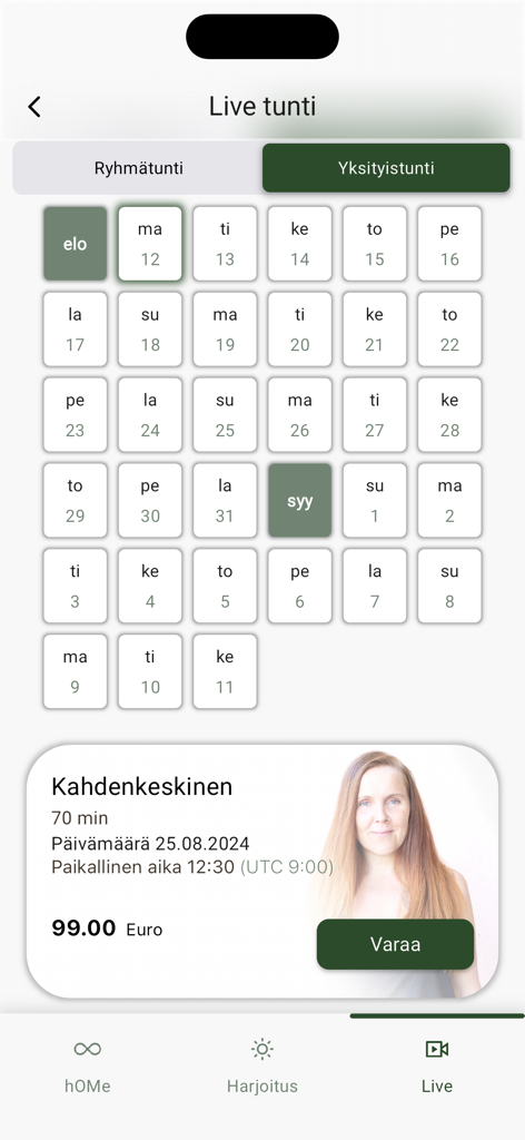 Ashtanga Yoga Home - Interface of the Ashtanga Yoga Home app showing a calendar and a private live session booking option