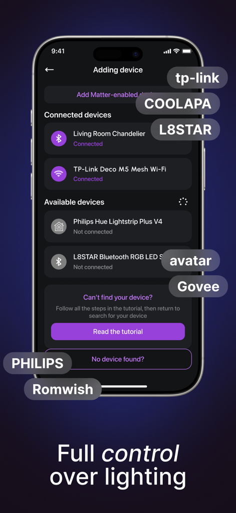 Interface of the LED controller app showing the device pairing screen with various compatible smart light brands