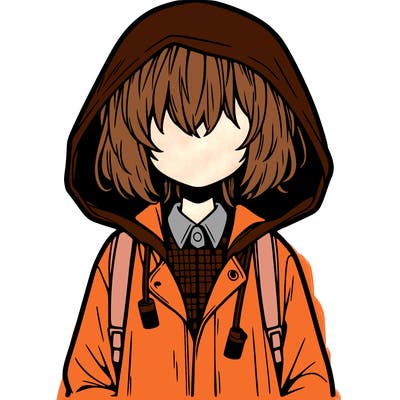 little anime girl in a raincoat her hair is covering her eyes she has a lighter