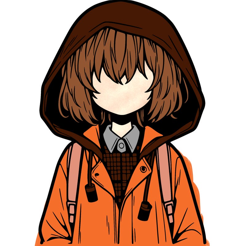 little anime girl in a raincoat her hair is covering her eyes she has a lighter