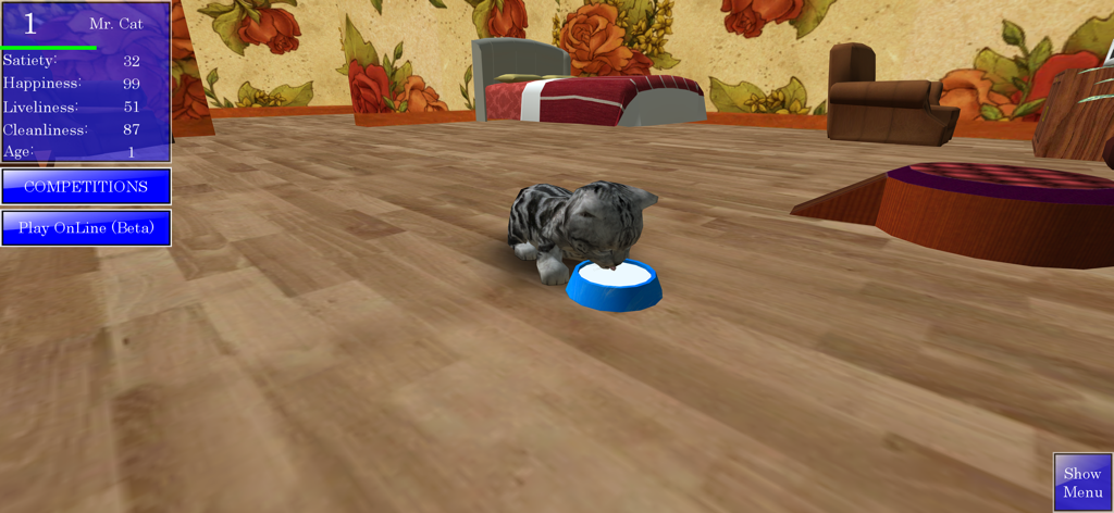Cute Pocket Cat 3D - A gray tabby kitten drinking milk from a blue bowl in the Cute Pocket Cat 3D game.