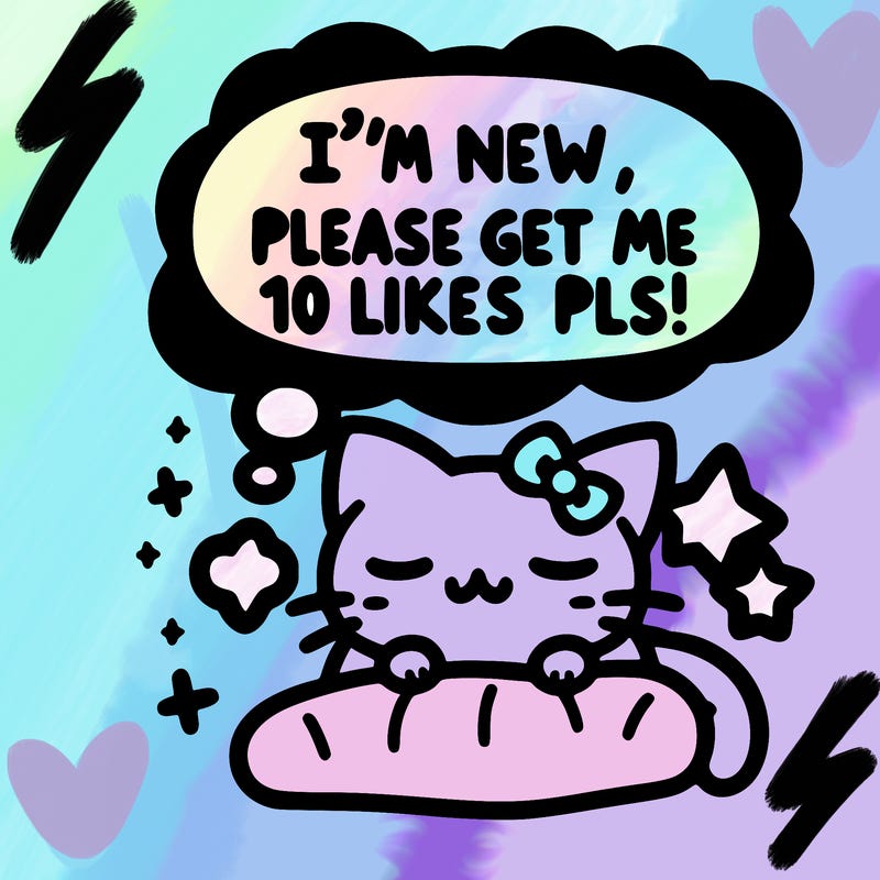 kitty taking a nap dream talking and saying "i'm new, please get me at least 10 likes pls!!"