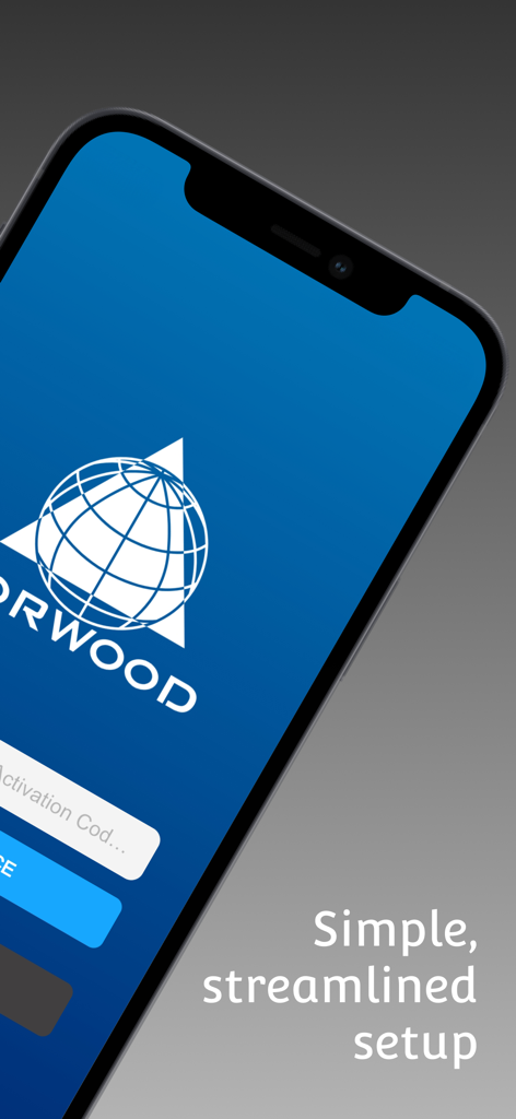 Forwood Safety+ - Forwood Safety plus mobile app login screen with a text highlighting simple and streamlined setup