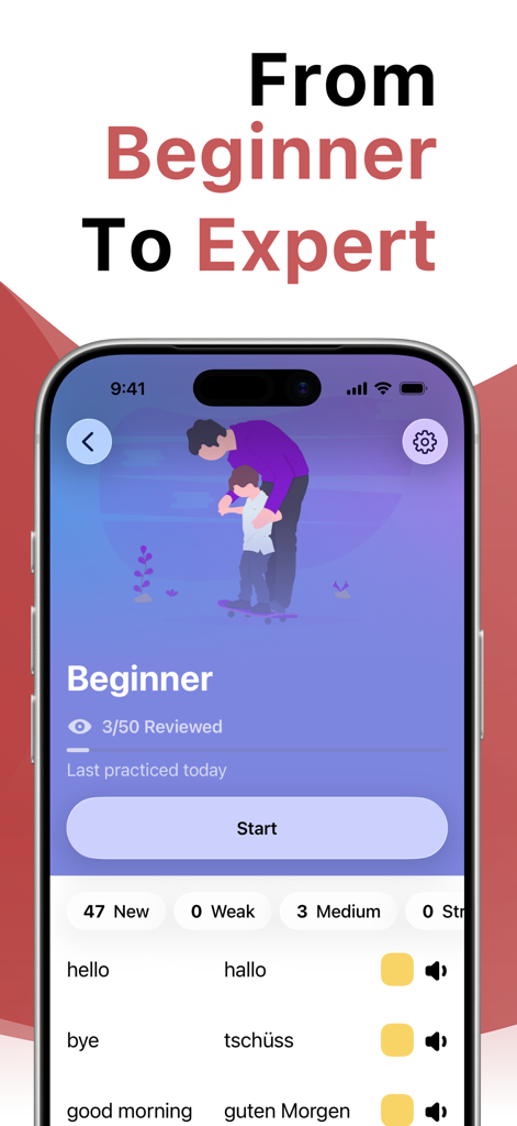 LENGOドイツ語学習アプリの初心者レベルの語彙リストを示すスマートフォンの画面