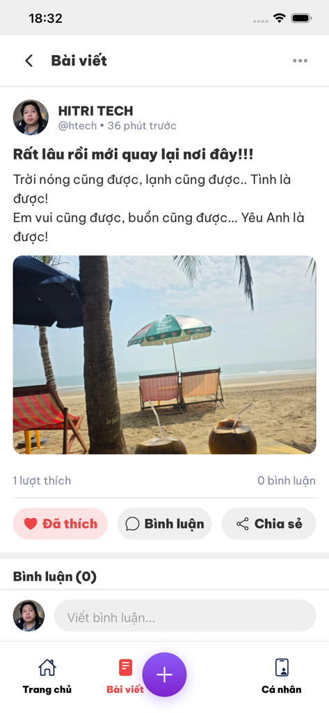 Ao Trình - Screenshot of a social media post within the Ao Trinh sports app showing a community update with a beach photo