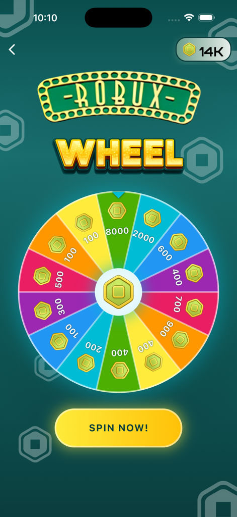 Loto Points – Spin & Rewards - A colorful digital spin wheel labeled Robux Wheel with various point values and a yellow spin now button