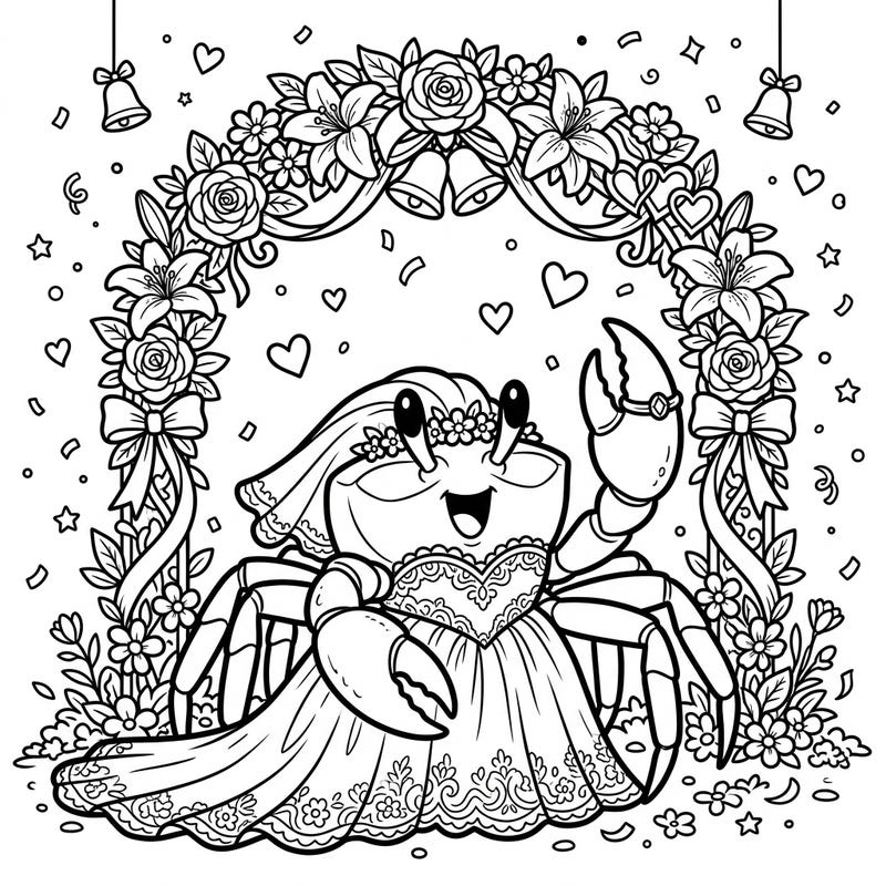 Get ready for a unique celebration with this delightful ghost crab wedding coloring page! Perfect for young artists, this whimsical scene combines beach fun with wedding joy, inviting creativity.