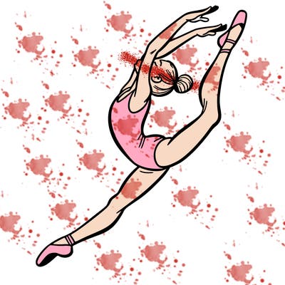 gymnast doing a leap in a leotard with a bent back leg