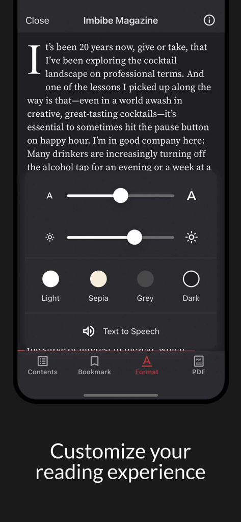 Interface showing options to customize the reading experience in the Imbibe Magazine app including font size and color themes