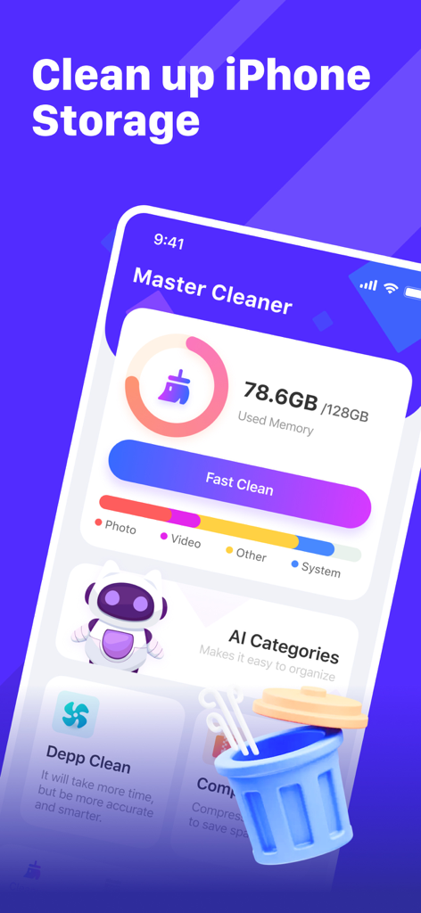 ClarioClean - ClarioClean app interface showing iPhone storage usage analysis and a fast cleanup button