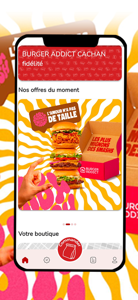 Burger Addict - Burger Addict app home screen featuring a smash burger offer and order button