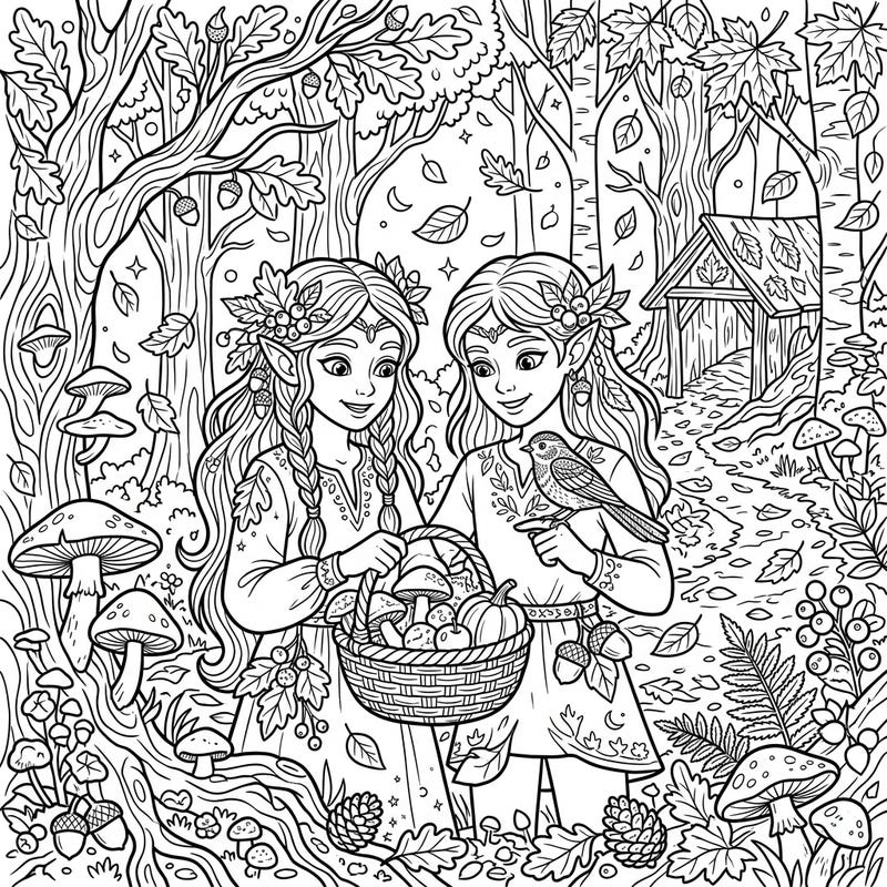Journey into an enchanting autumn forest where graceful wood elves gather the season's bounty. This delightful coloring page features harvest elements and woodland charm.