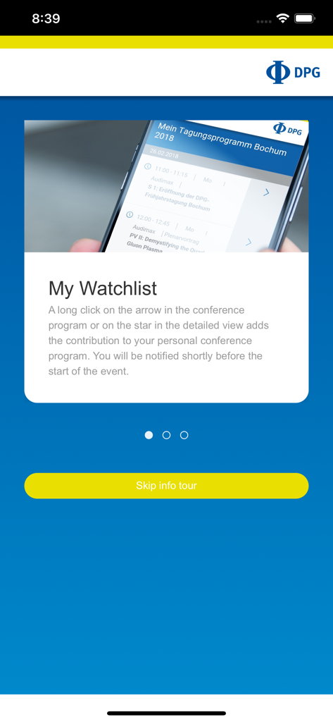 DPG Spring Meetings - DPG 봄 학회 앱의 온보딩 화면으로, 개인 학회 일정을 위한 내 관심 목록 기능을 설명합니다.