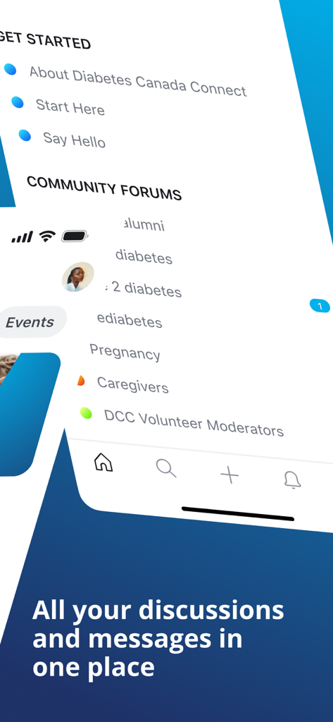 Screenshot of the Diabetes Canada Connect app displaying a list of community forums for diabetes support