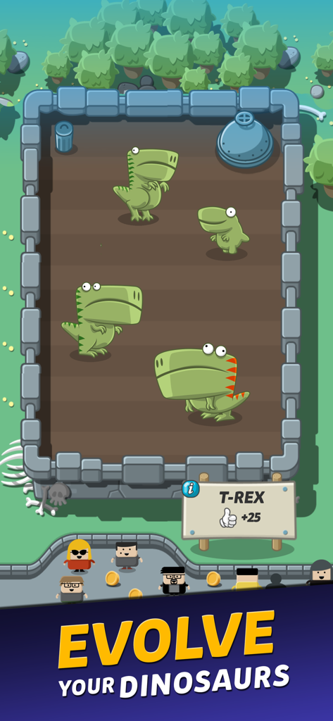 Crazy Dino Park - Dinosaurios T-Rex en un disparatado recinto del parque con el texto Evoluciona a tus Dinosaurios