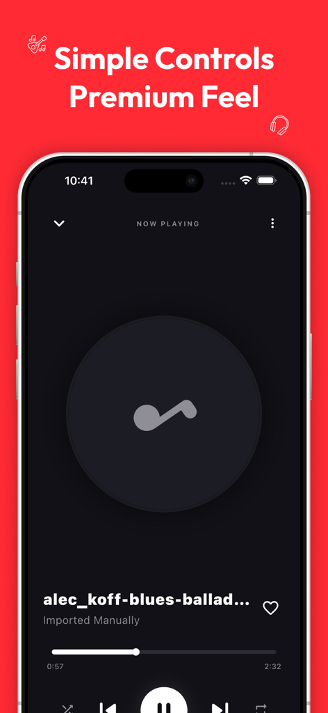 Music Player - Offline Audio - Interfaccia dell'app Music Player Offline Audio che mostra un brano in riproduzione con controlli semplici e descrizione dell'importazione manuale