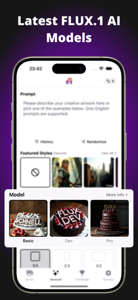 Artify: Art & Photo Generator - Interfaccia dell'app Artify che mostra la selezione dei modelli AI FLUX.1 per la generazione di arte