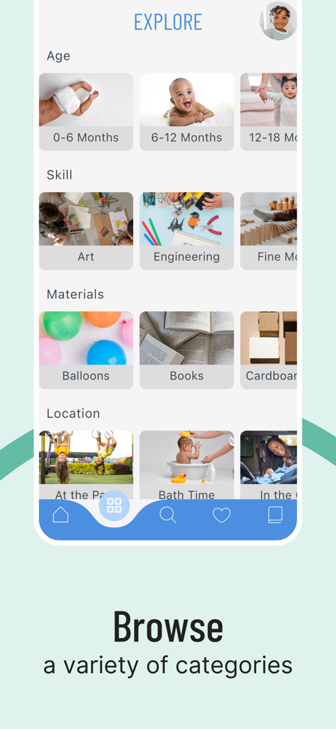 Die Erkundungsseite der Inspired Minds App, die Aktivitätskategorien nach Alter, Fähigkeiten und Materialien anzeigt.