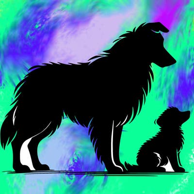 silhouette of a shepherd with his still and baby dog
