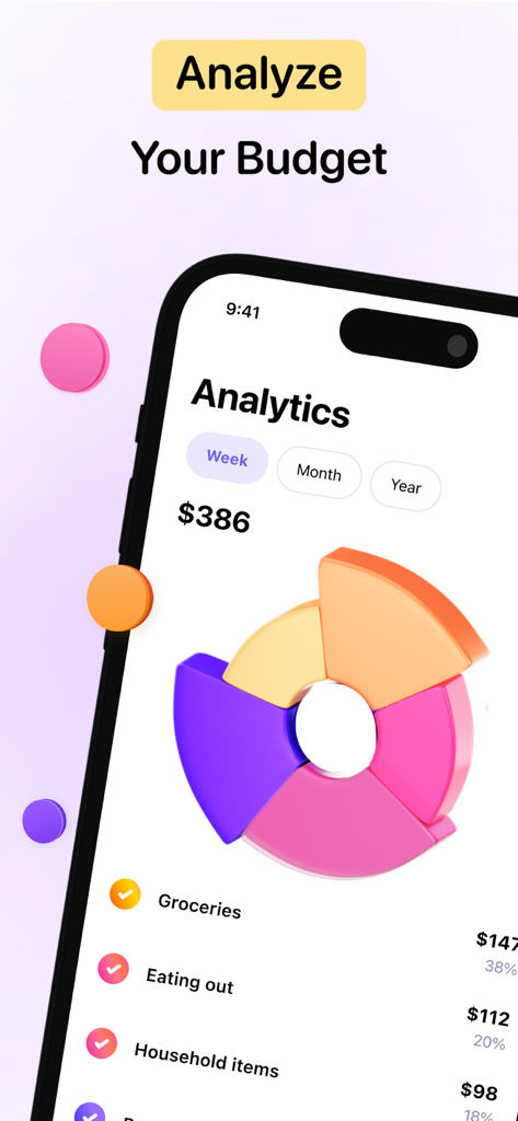 Pantalla de análisis de la aplicación Monthly Budget Planner con un gráfico de dona 3D colorido para el desglose de gastos