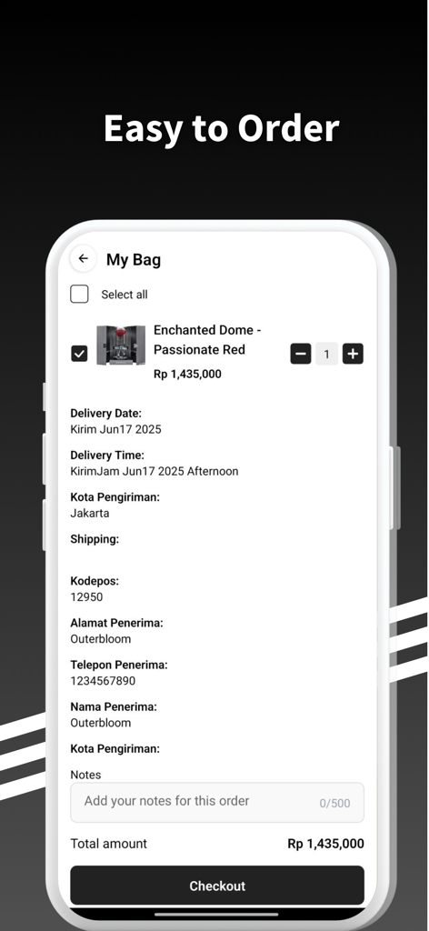 Outerbloom app checkout screen showing the shopping bag with an enchanted dome flower gift and delivery details for Jakarta.