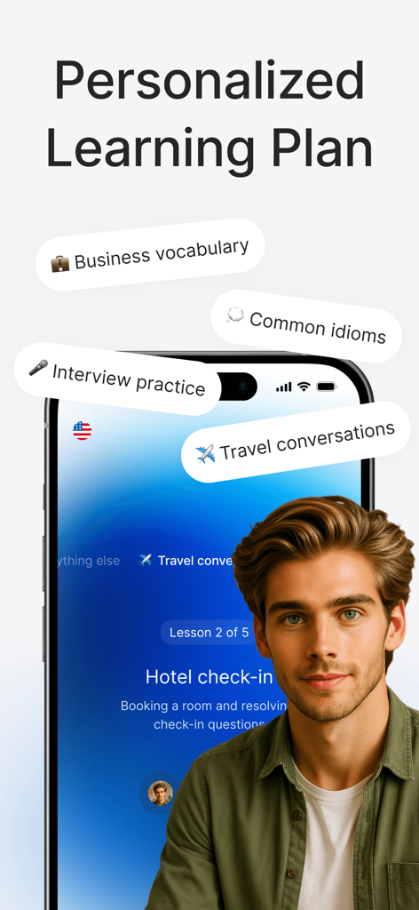 Learn Languages: Speak Avatar - A smartphone screen displaying a personalized language learning plan with an AI tutor avatar and lesson topics like business vocabulary and travel conversations